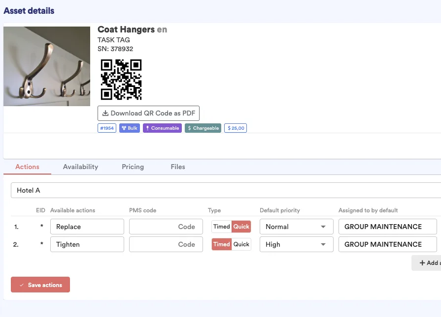Campus Pilot asset Actions tab showing predefined actions Replace and Tighten with priorities Normal and High, routed to GROUP MAINTENANCE, with PMS code fields for automatic billing.