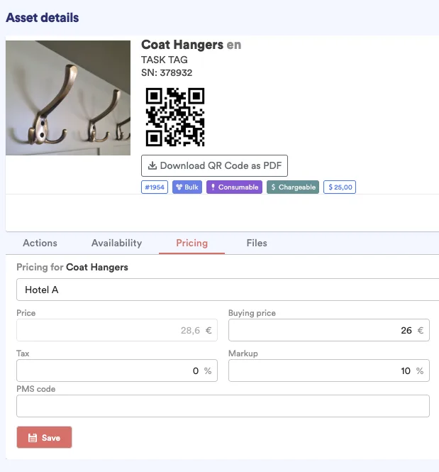 Campus Pilot asset details screen showing the Pricing tab for a Coat Hangers asset, with price 28,6€, buying price 26€, tax and a 10% markup field, plus a PMS code for automatic billing.