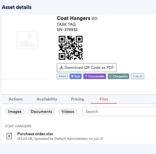 Campus Pilot asset details showing a Coat Hangers item with serial number, a QR code with a Download QR Code as PDF button, badges for Bulk, Consumable and Chargeable at $25.00, and a Purchase order file attached under the Files tab.