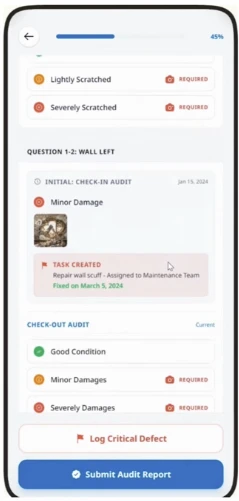 Campus Pilot check-out inspection screen showing damage logged against a room