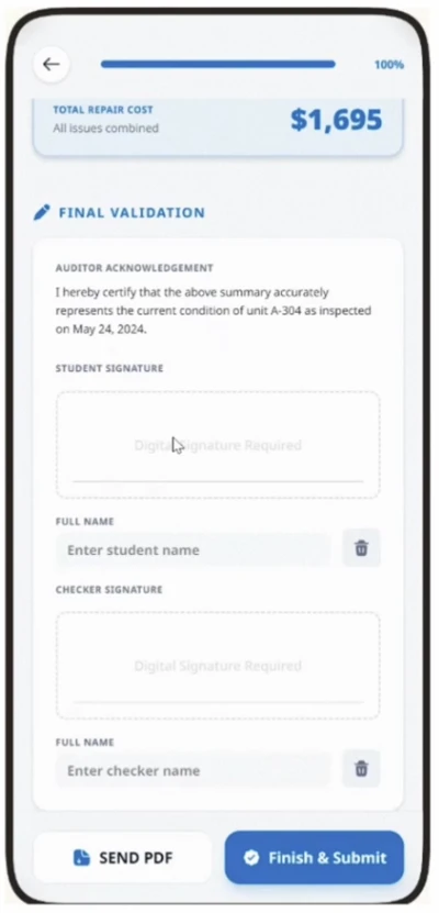 Campus Pilot check-out inspection summary with itemised damage costs