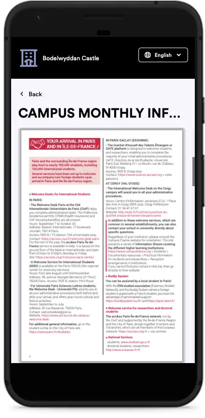 Campus Pilot student app showing a Campus Monthly Information document titled Your arrival in Paris, published straight into the app.