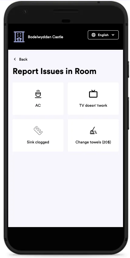 Campus Pilot student app Report Issues in Room screen with tap-to-report tiles for AC, TV, clogged sink and a chargeable Change towels request.